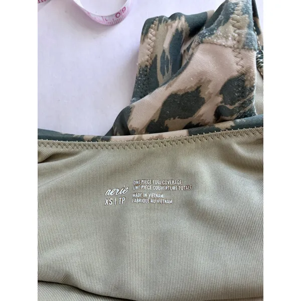 Aerie‎ Women XS Leopard Print Cutout One Piece Swimsuit Olive Green Open Back - Image 6