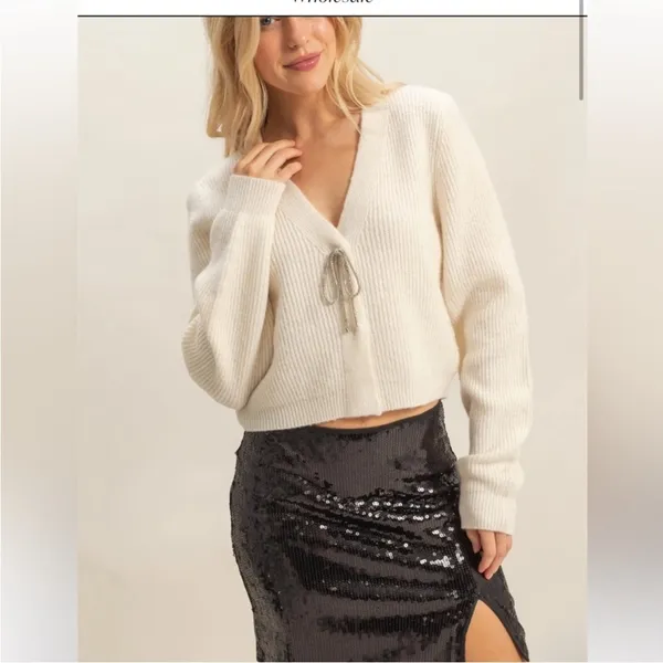 HYFVE Sparkly Bow Embellished Ivory Cardigan | Holiday Sweater - Image 5