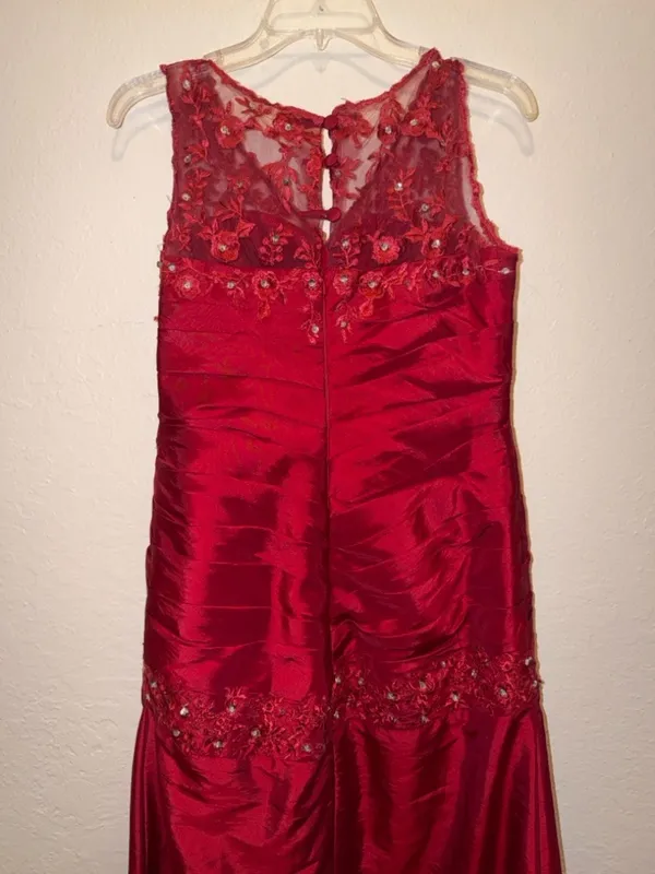 Formal Lace Dress in Red with semi sheer floral embroidery evening cocktail - Image 4