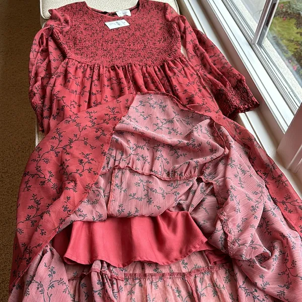 NWT bohme Smocked Tiered Maxi Dress Sheer Sleeves Rust with black design size S - Image 12