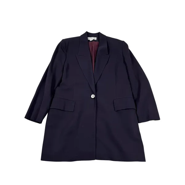 Vintage Christian Dior Navy Blue 100% Wool Longline Blazer Jacket USA 80s - Image 2