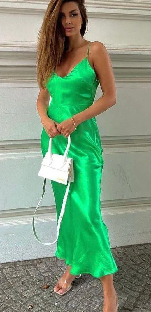 ZARA Dress emerald green Slip Midi Satin Effect Maxi Wedding Party - Image 2