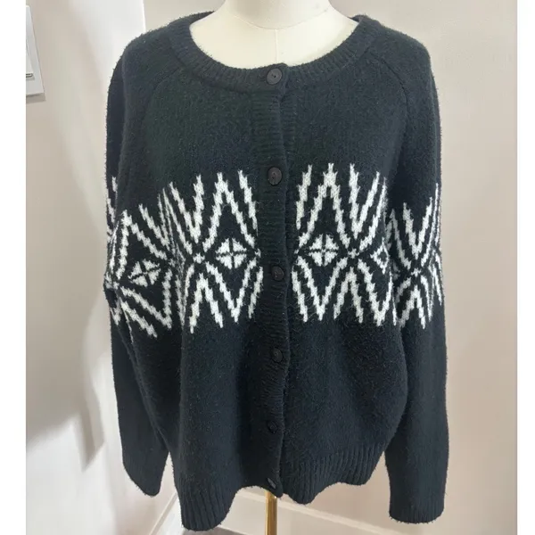 Abercrombie & Fitch Women XL Black Fair Isle Knit Button Front Cardigan‎ Sweater - Image 2