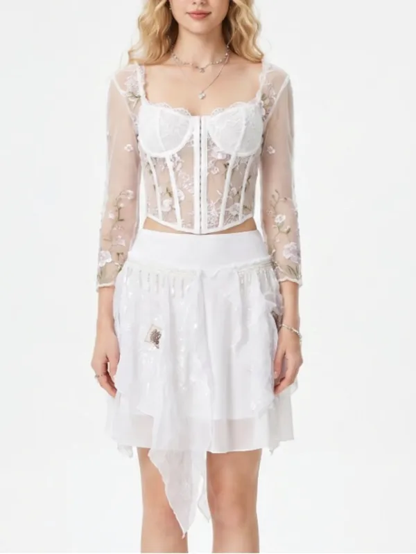 Banana USA Asymmetrical White Sheer Beaded Sequin floral Skirt Boho Fairy core - Image 3