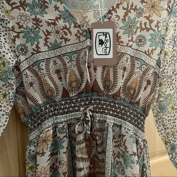 M- NWT Boho Beach Maxi Dress‎ Semi Sheer Colorful Design Coverup Dress V-Neck - Image 3