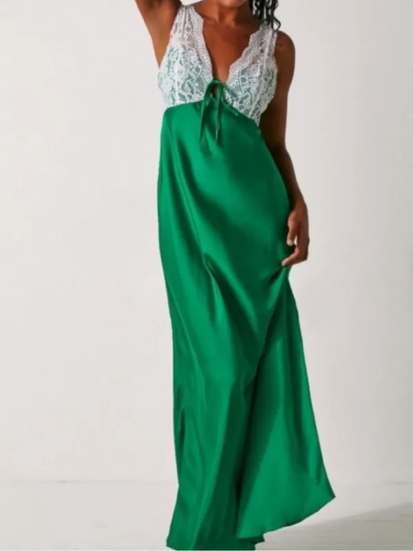 Free People FP Women’s Countryside White Green Satin Maxi Slip Dress Size Large - Image 12
