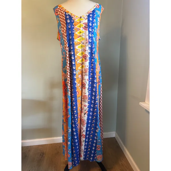 Patchwork Floral Print Maxi Dress coverup Sleeveless Blue Orange boho whimsigoth - Image 5
