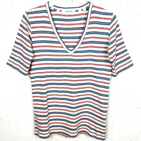 Emerson Fry Hemp Organic Cotton V-Neck Striped Top Sweater Knit Red Blue Medium - Image 2