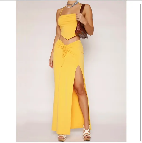 Tiger Mist Yellow Ruched Skirt With Side Slit - Image 5