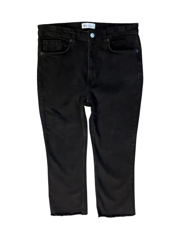 Zara Womens 10 Black Cropped Straight Leg Jeans Raw Hem High Rise Used - Image 3