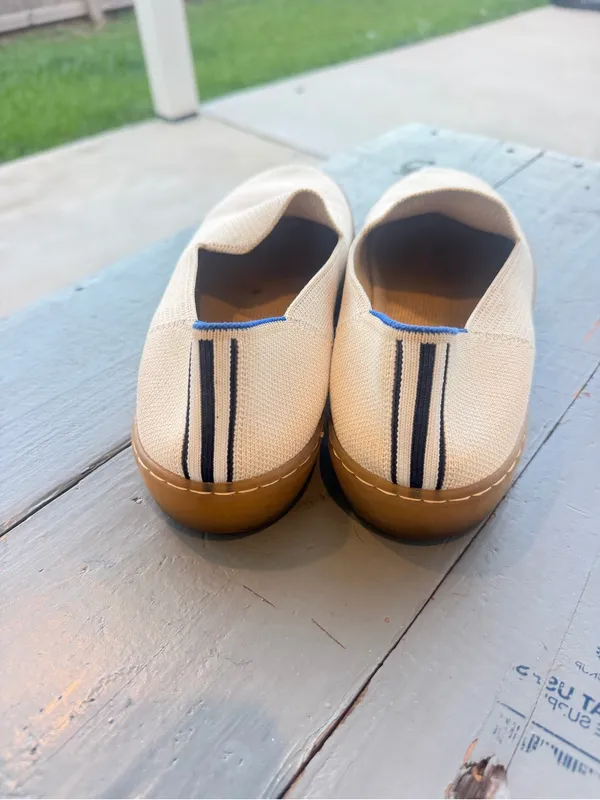 Rothy’s Woman Slip-On Canvas Shoes in Beige with Gum Sole - Image 2
