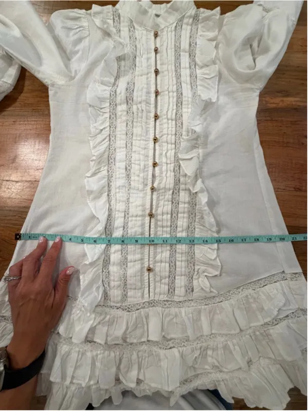 White Ruffle Mini Dress Glam Coastal Boho Lace Long Sleeve Tuxedo Pleat Sz M - Image 9