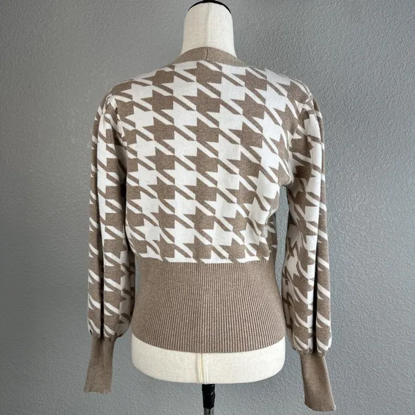 Joie Crop Houndstooth V-Neck‎ Button Cardigan Size XS Puff Sleeve Beige White - Image 5