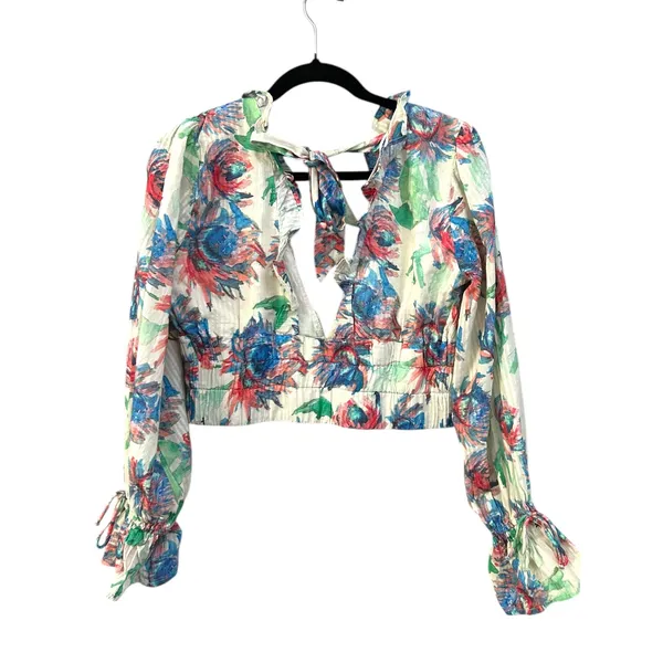 By‎ Anthropologie Boho Tie Back Floral Ruffle Long Sleeve Crop Top Women's Small - Image 4