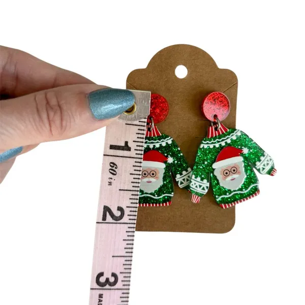 Acrylic Festive Glittery Santa Ugly Christmas Sweater Drop Earrings - Image 2