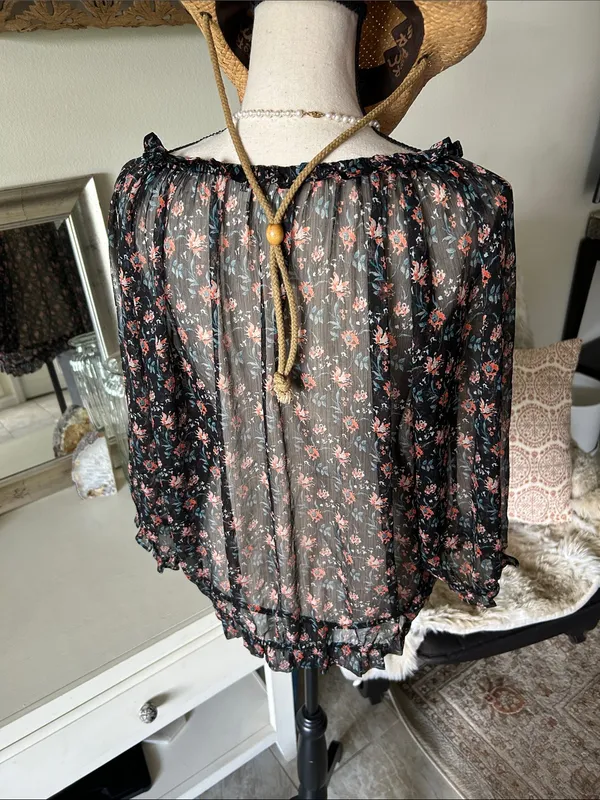 Natural life, black sheer floral BoHo cottage peasant, 3/4 sleeve blouse top XL - Image 8