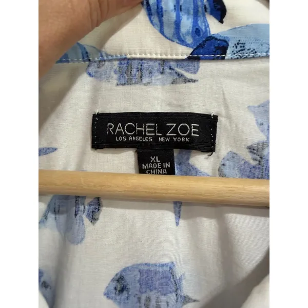 Rachel Zoe Blue White Tropical Fish Starfish Print Tiered Midi Shirt Dress XL - Image 7