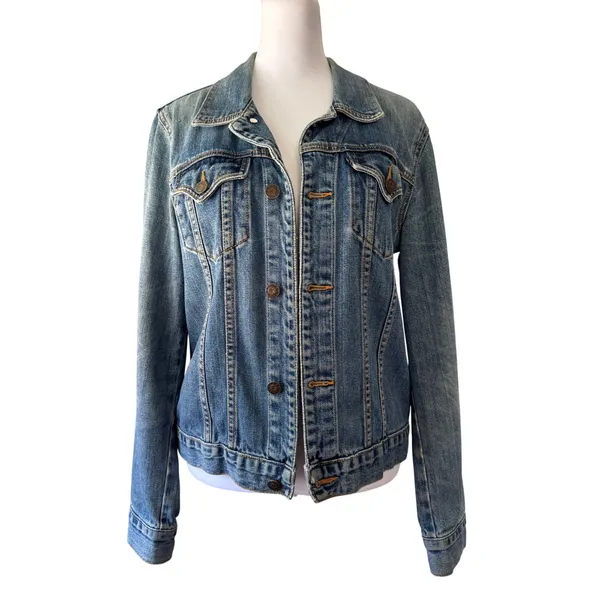 Vintage ‘90s Earl Jean Faded Medium Wash Button Front Denim Trucker Jacket - Image 2