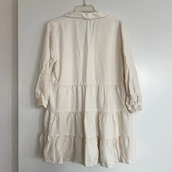 ZARA poplin long collared shirt dress tiered cream ivory ecru 3/4 sleeve large - Image 11