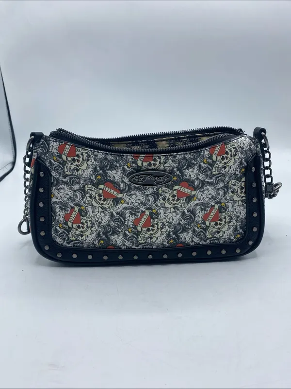 Ed Hardy Shoulder Bag Black Love Kills Slowly Studded Purse Grunge Goth Chains - Image 8