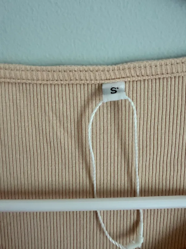 Beige Ribbed Fitted Long Sleeve Top Size S Tan - Image 2