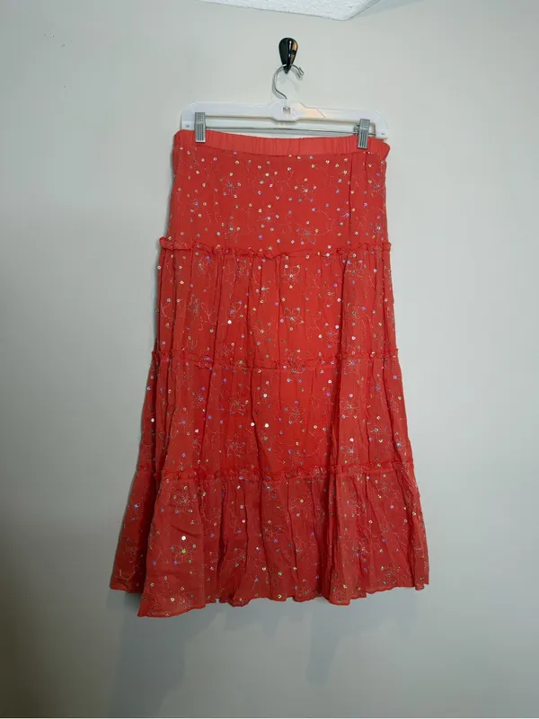 Vintage LEI Orange Sequin Embroidered Tiered Maxi Skirt Y2K Boho Festival M - Image 3