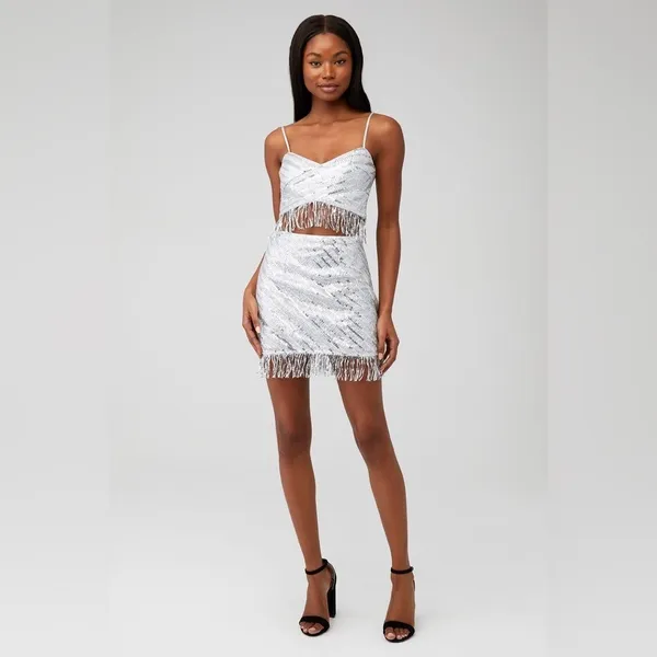 Revolve Saylor Persephone Top & Mini Skirt Set in Platinum Silver‎ Sequin - Image 2
