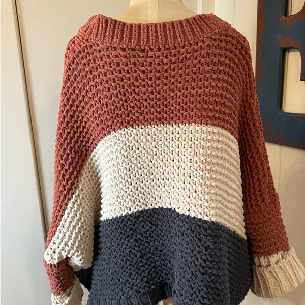 POL V-Neck Sweater in Rust, Cream, and Charcoal oversize chenille feel Sz S - Image 3