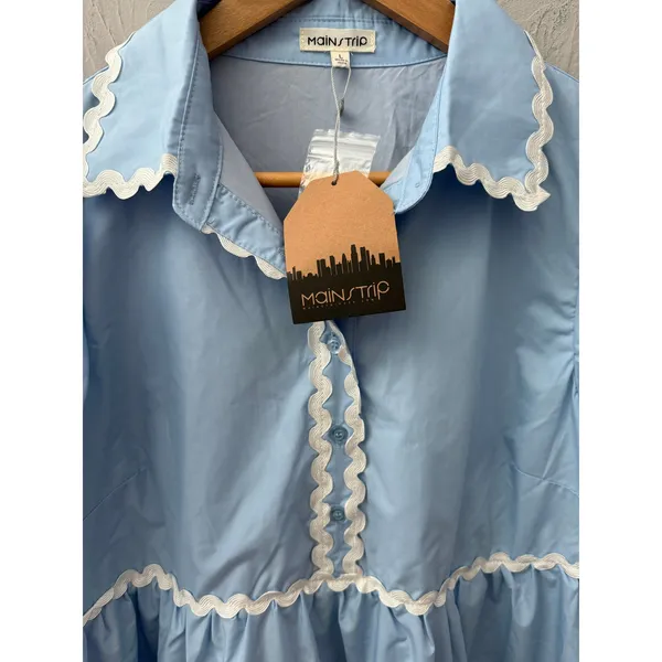 Mainstrip Puffed Sleeve Ric Rac Trimmed Solid Mini Dress‎ Blue Size Large - Image 11
