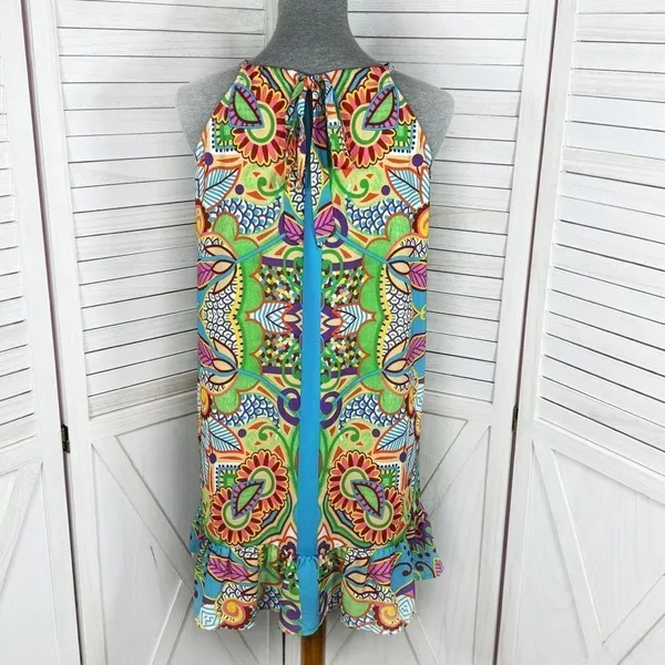 Jade‎ Melody Tam Multi Floral Print Ruffle Hem Tunic Halter Dress Medium - Image 4