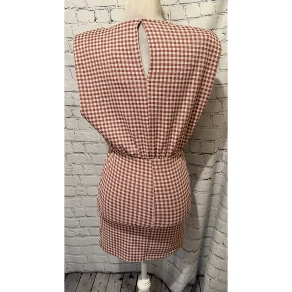 ZARA Women's Pink White Gingham Mini Dress Puff Shoulder Sleeveless Size Small - Image 3
