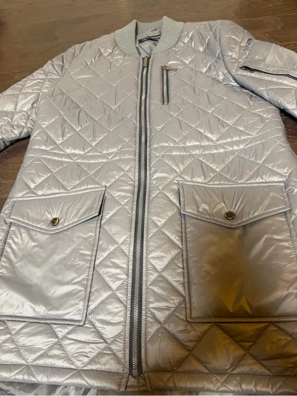 French Connection Large Silver Quilted Longline Bomber Jacket Coat - Image 7