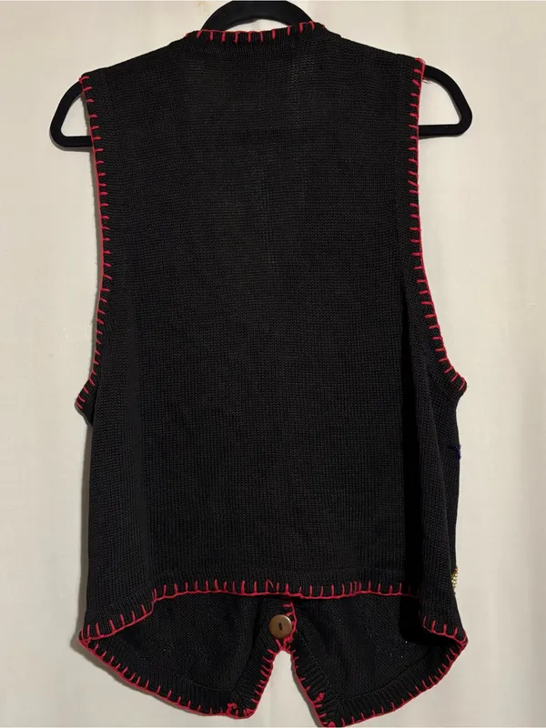 Victoria Jones Medium Beaded Black Holiday Vest with Red Trim Snowman Snowflakes - Image 6