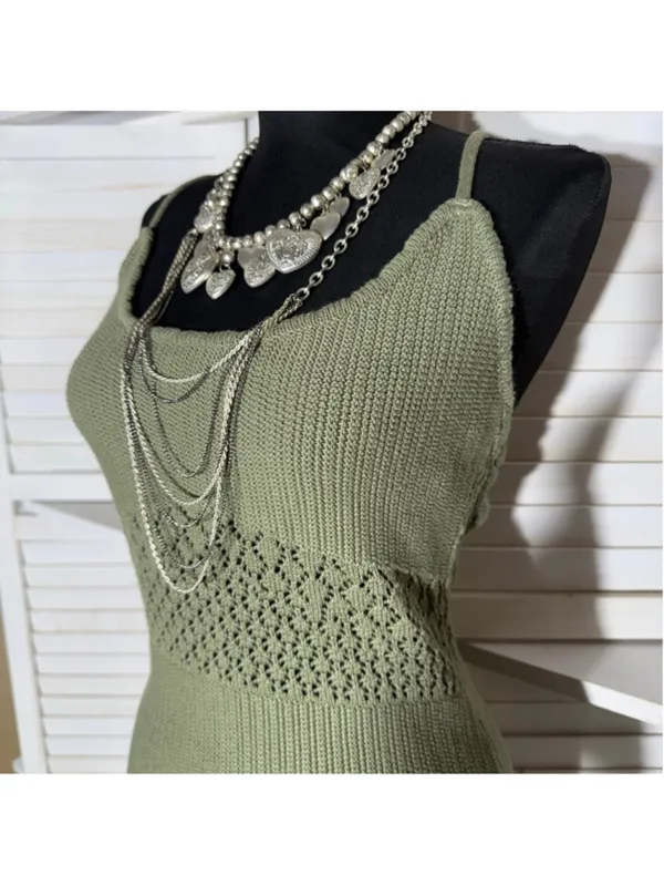Y2K mini dress sage green crocheted cotton boho fairy backless festival grunge L - Image 6