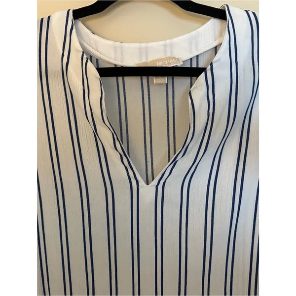 Michael Kors White and Navy Vertical Stripe V-Neck Tunic Women's Sz Large - Image 3