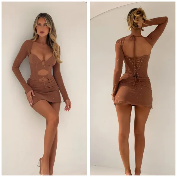 NWT Outcast Aubrey Long Sleeve Mini Dress Tan Corset Festival Sexy Size Small - Image 12