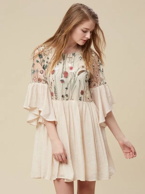 Altar’d State Cream Floral Embroidered Fairycore Whimsical Bell Sleeve Dress L - Image 12