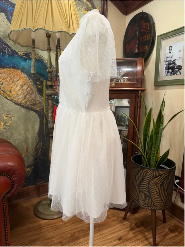 Lulus White Swiss Dot Tulle Mini Dress Size L New With Tags V-Neck Puff Sleeve - Image 4