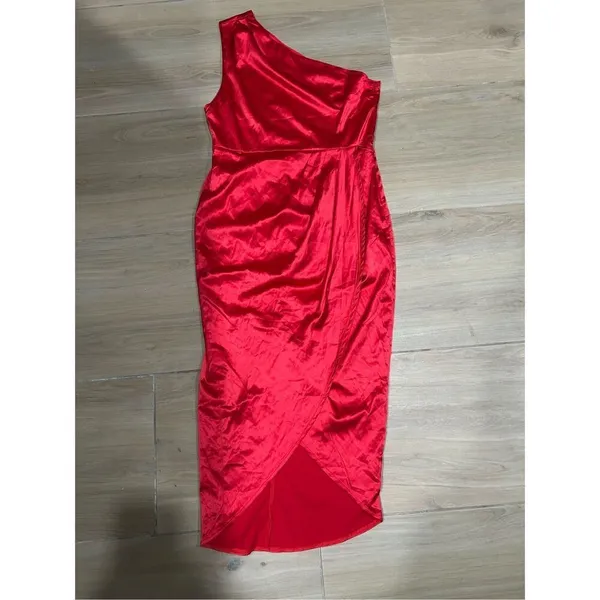 NEW LYANER 1 Shoulder Ruched Slit Split Wrap Zipper Midi Dress M - Image 4