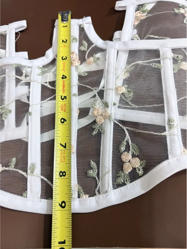 White Sheer Mesh Floral Lace-Up Boned Corset Top with Embroidered Lace - Image 7