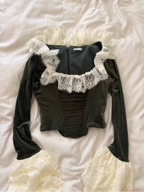 HOUSE OF CB JACINDA Forest Green Velvet Lace Trimmed Corset Top - Image 5