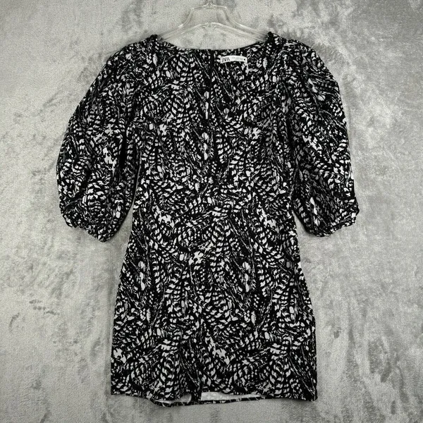 Zara Dress Womens Medium Black White Printed Kacy Puff Sleeve Mini Neutral Party - Image 3