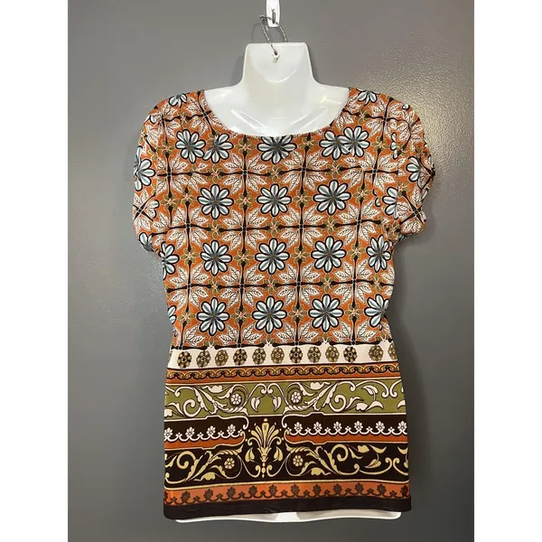 Nicole By Nicole Miller Shirt Womens XL Orange Boho Floral V Neck Top Blouse - Image 4
