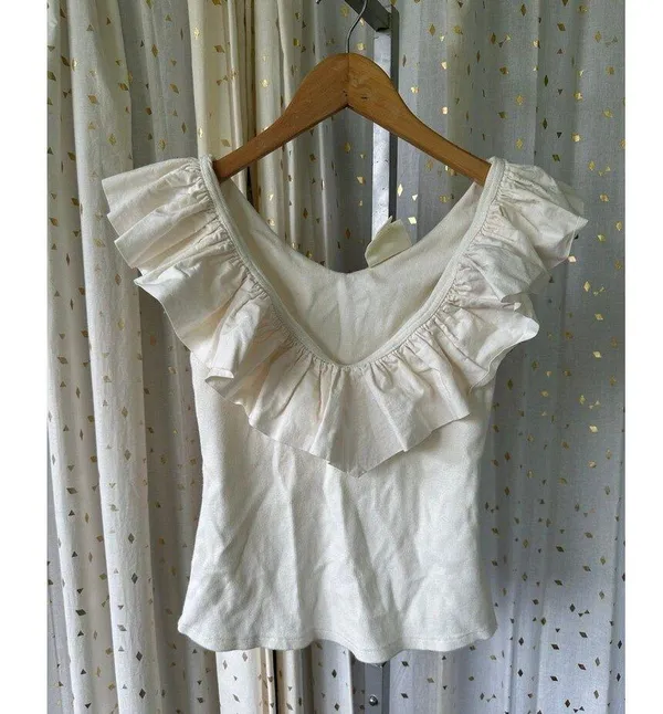 Anthropologie MaEve 100% Cotton Ivory Tina V Neck Ruffled Trim Tank XS - Image 4