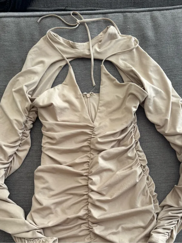 Oh Polly Beige Ruched Cutout Long Sleeve Mini Dress - Image 3