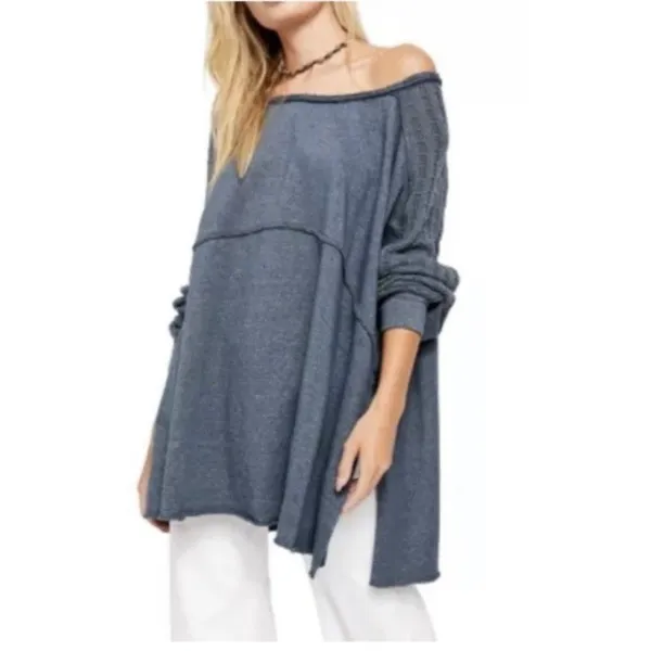 Free People My Girl Oversized Knit Tunic Top‎ Distressed Bohemian Blue Women's S - Image 2