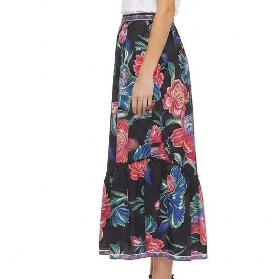 Flying Tomato Floral High Low Ruffle Maxi Skirt Black Multicolor Small - Image 3