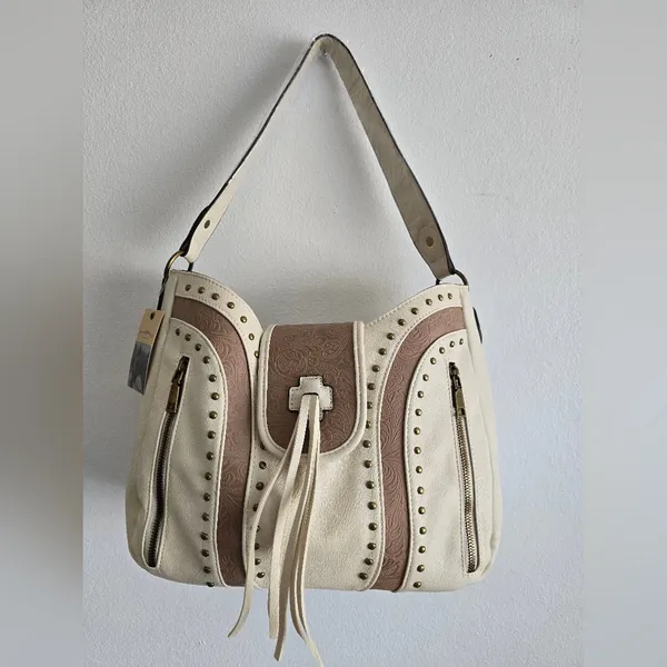 Western‎ Style Embossed Ivory/Tan Shoulder Bag - Image 13