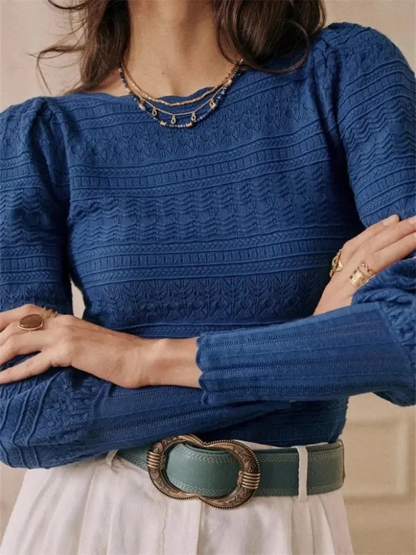NWT La Maille Sezane Roma in Horizon Blue Textured Pointelle Knit Sweater Top XS - Image 2