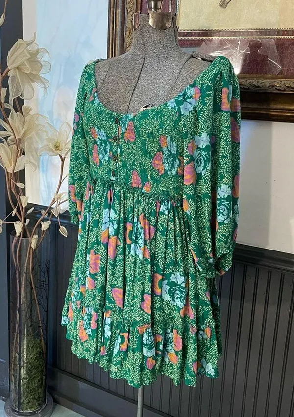 Free People Endless Summer Picnic Emerald Green Floral Boho Mini Dress - Sz S 🧡🎀 - Image 6